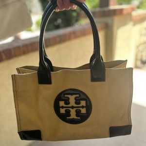Tory Burch Ella Tote Bag Black Tan Canvas